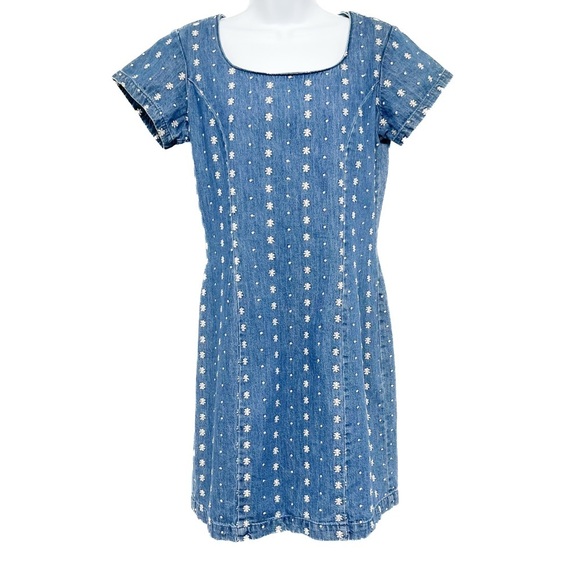 Vintage Floral Embroidered Denim Jean Midi Dress Short Sleeve Made in USA Size 4 - Picture 2 of 9